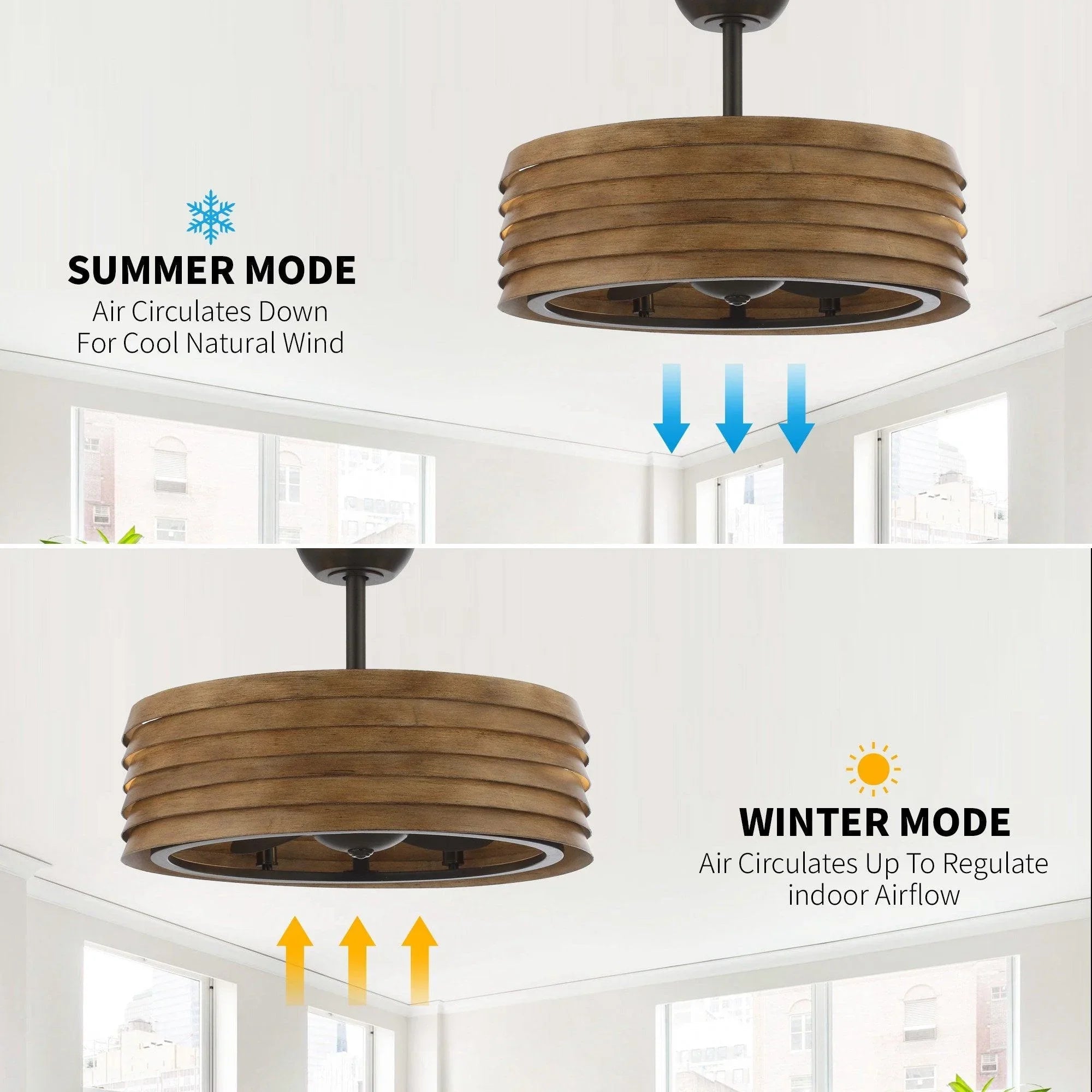 Brown farmhouse ceiling fan with light, reversible blades, DC motor, downrod mount