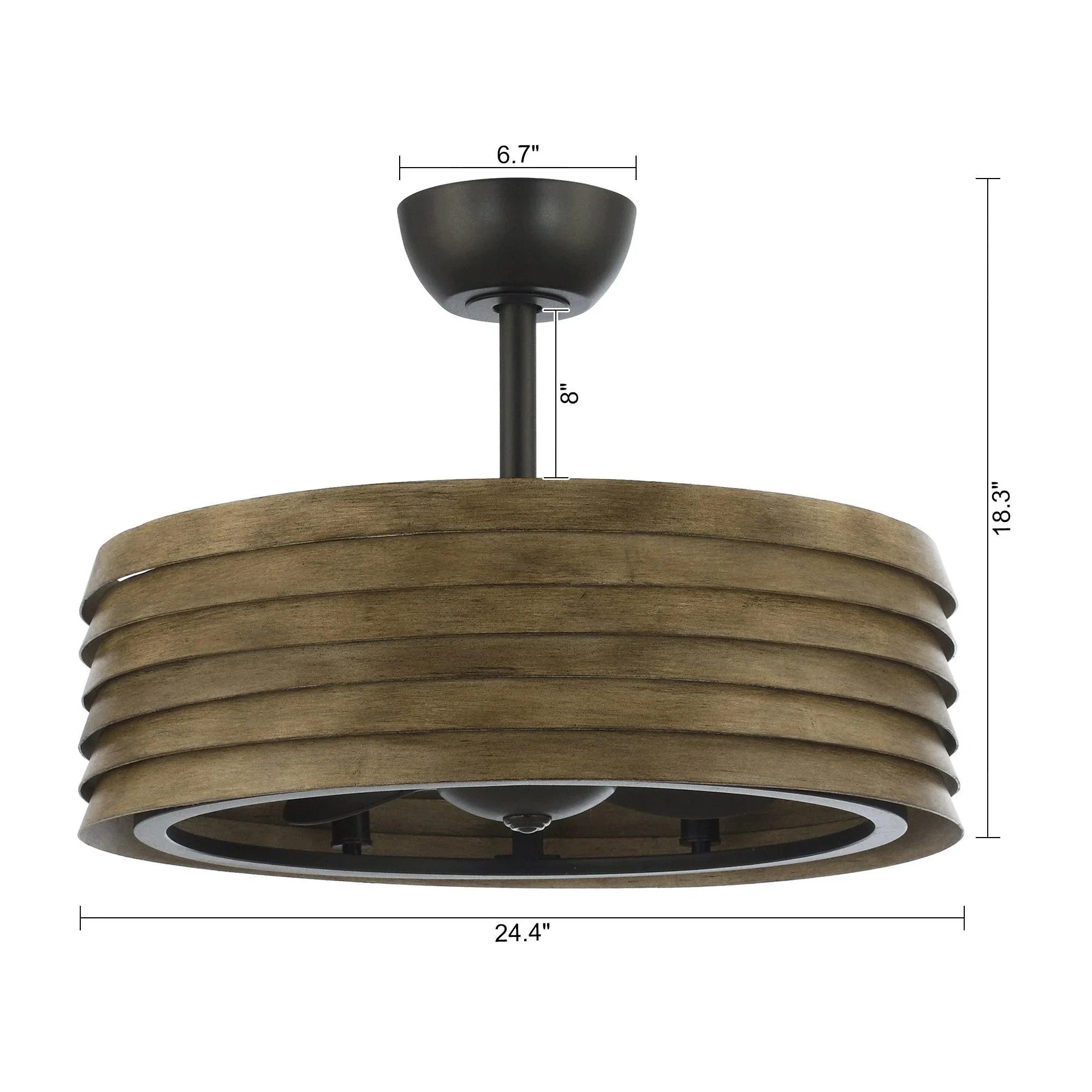 Brown reversible fandelier ceiling fan with black canopy and integrated light