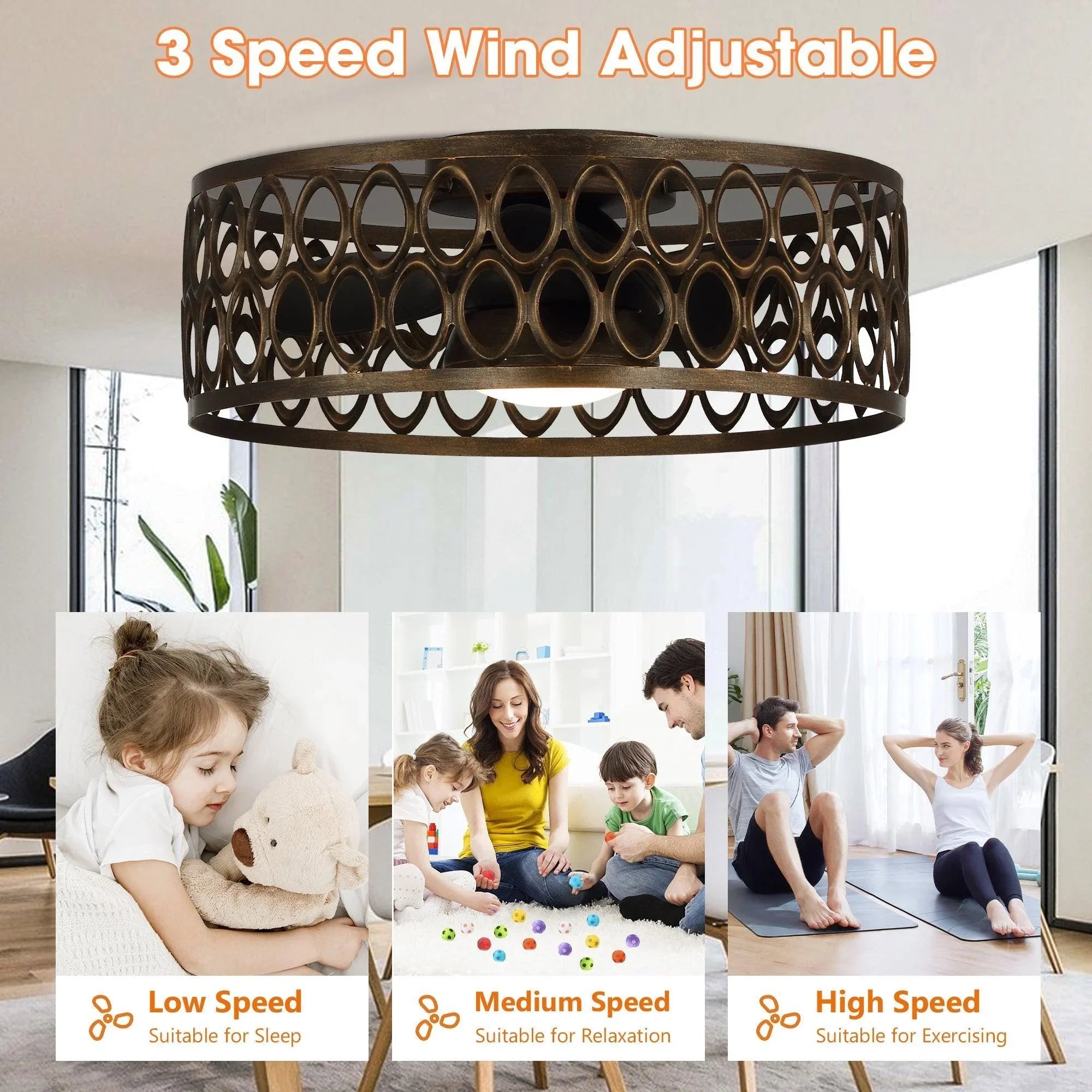 Black 21-inch flush mount ceiling fan with metal lattice canopy