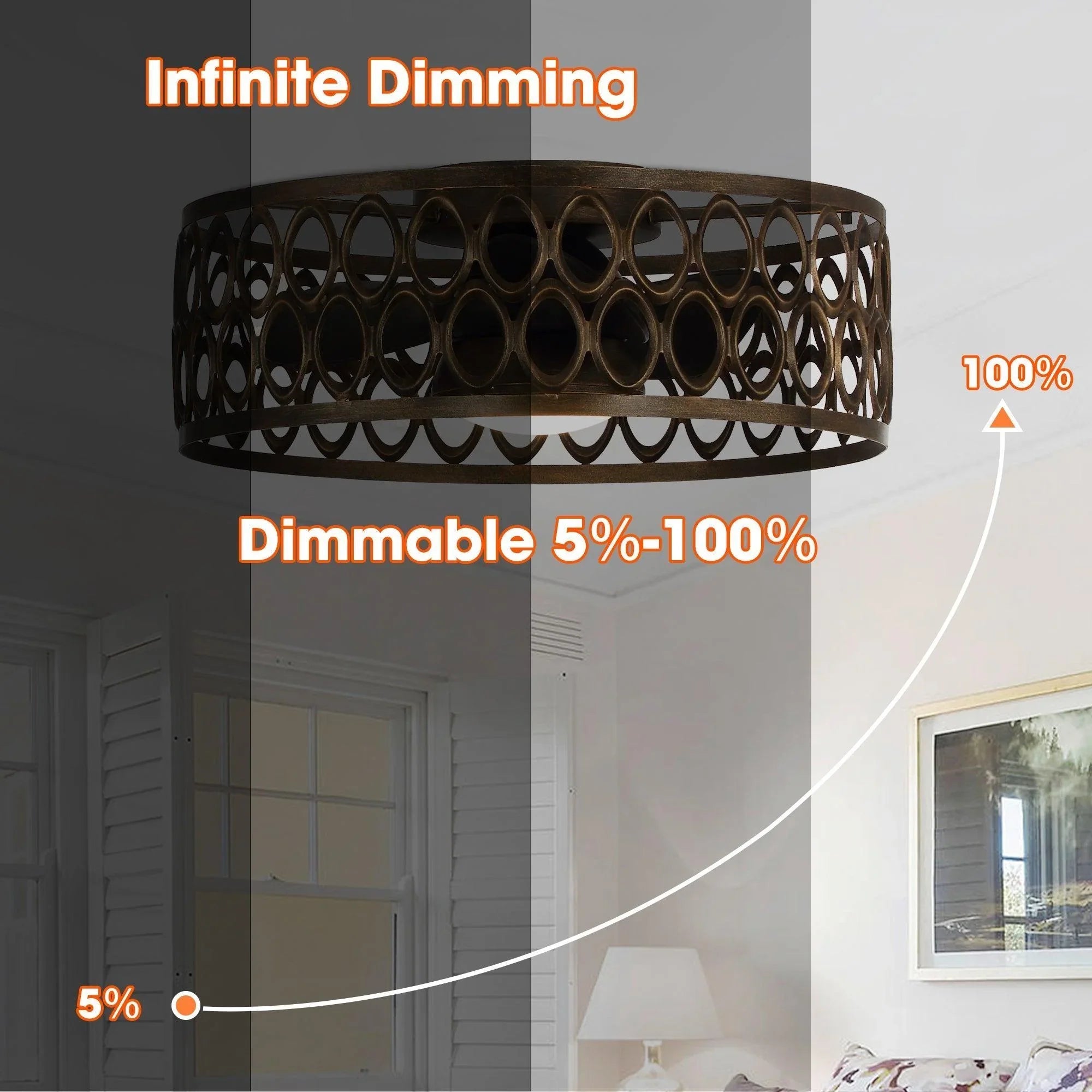 Black flush mount ceiling fan with LED light and decorative ring cage overhead