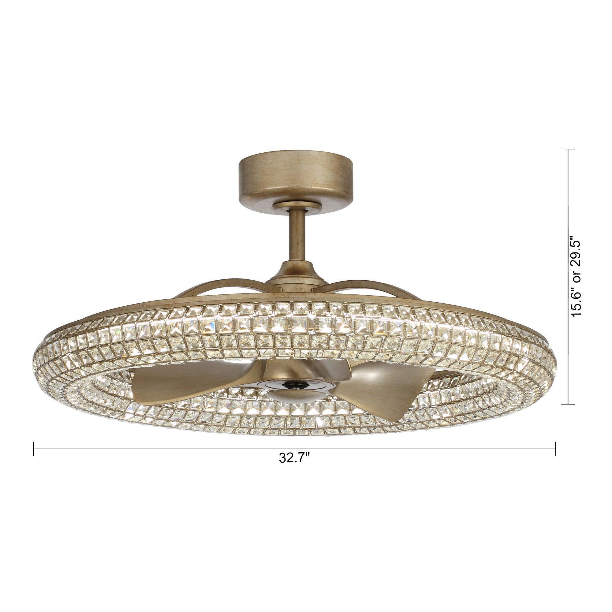 Golden ceiling fan with crystal glass ring, three blades, and central light fixture on downrod.