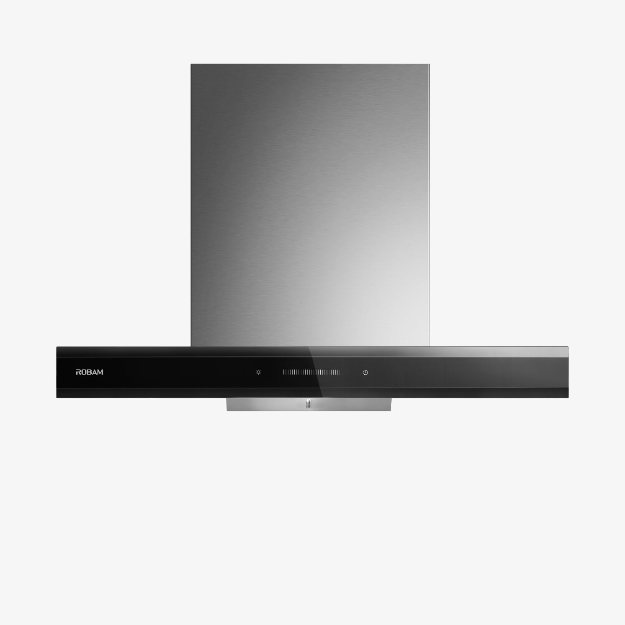Stainless steel range hood side view with black control fascia and chimney