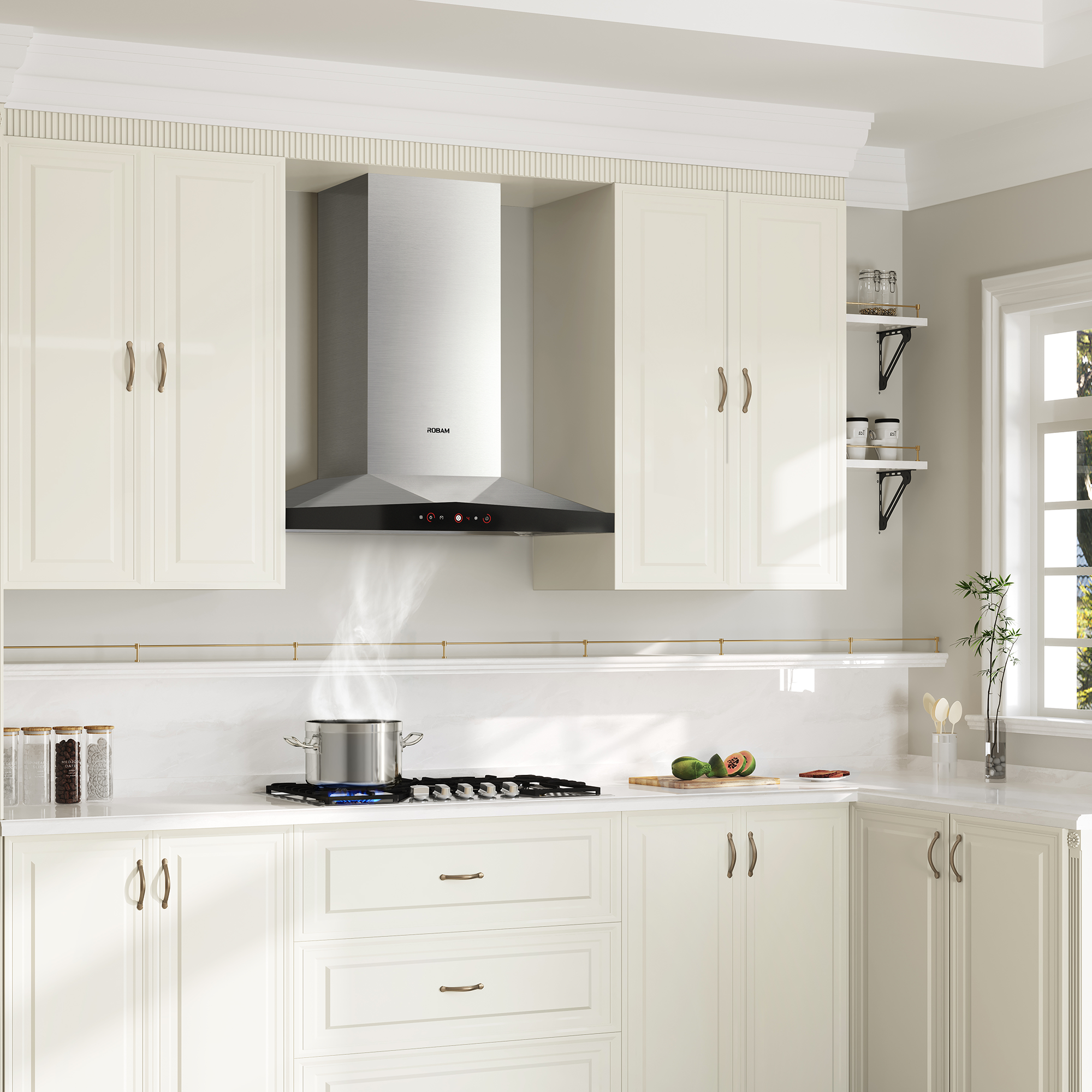 Stainless steel wall mount range hood installed above a cooktop, ROBAM logo