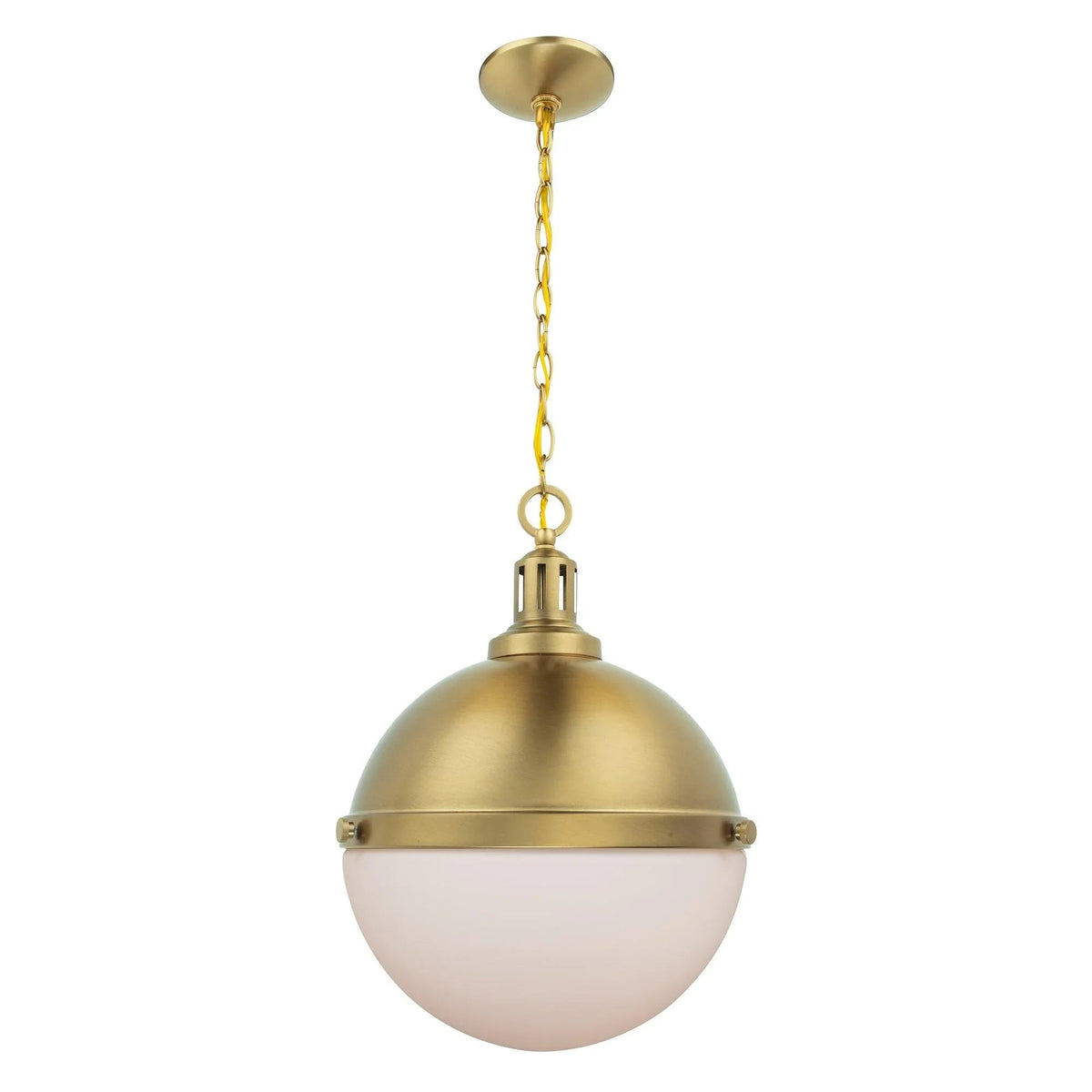 Gold pendant light with frosted globe shade and ceiling mount on linked chain