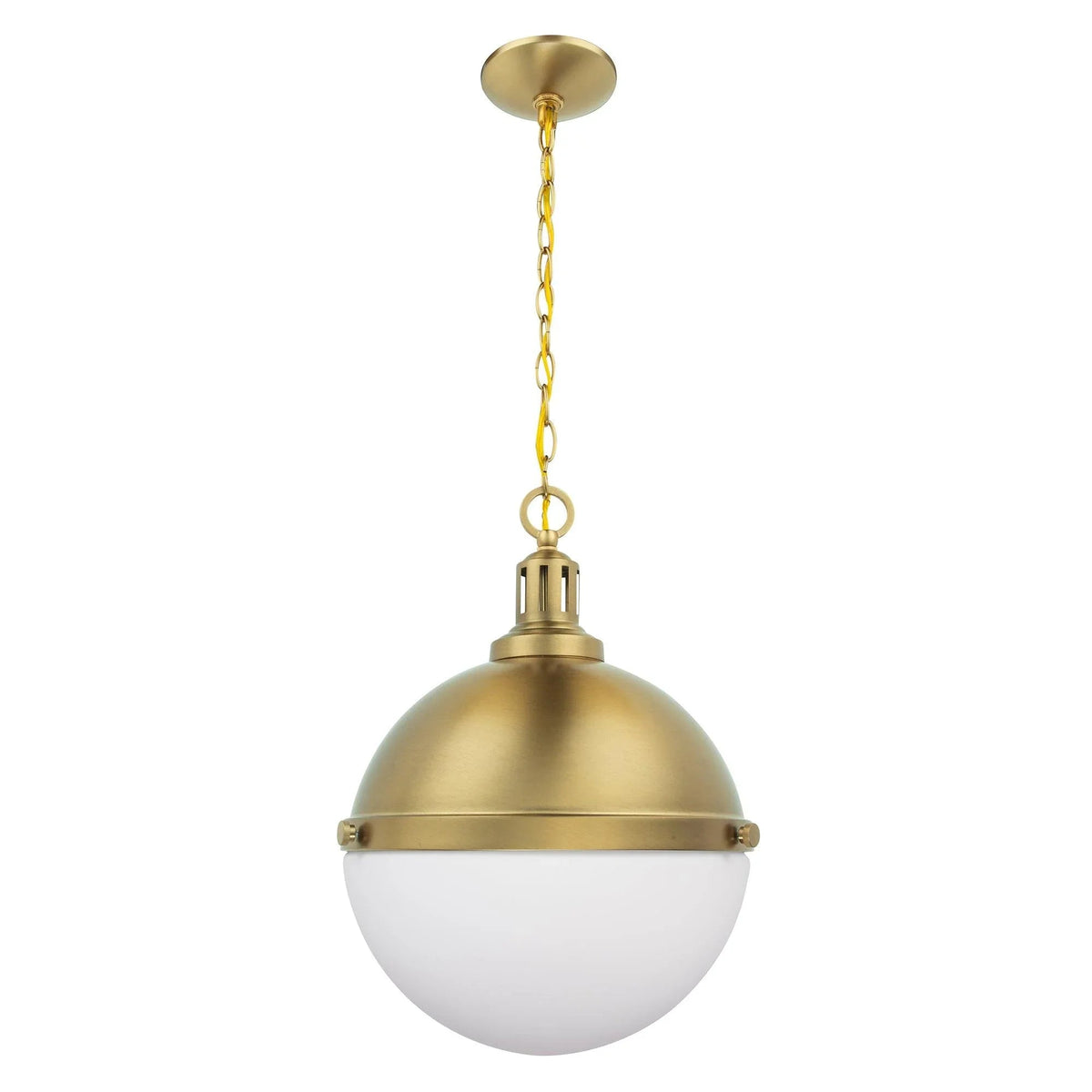 Gold pendant light with round glass globe shade and ceiling canopy, chain-hung