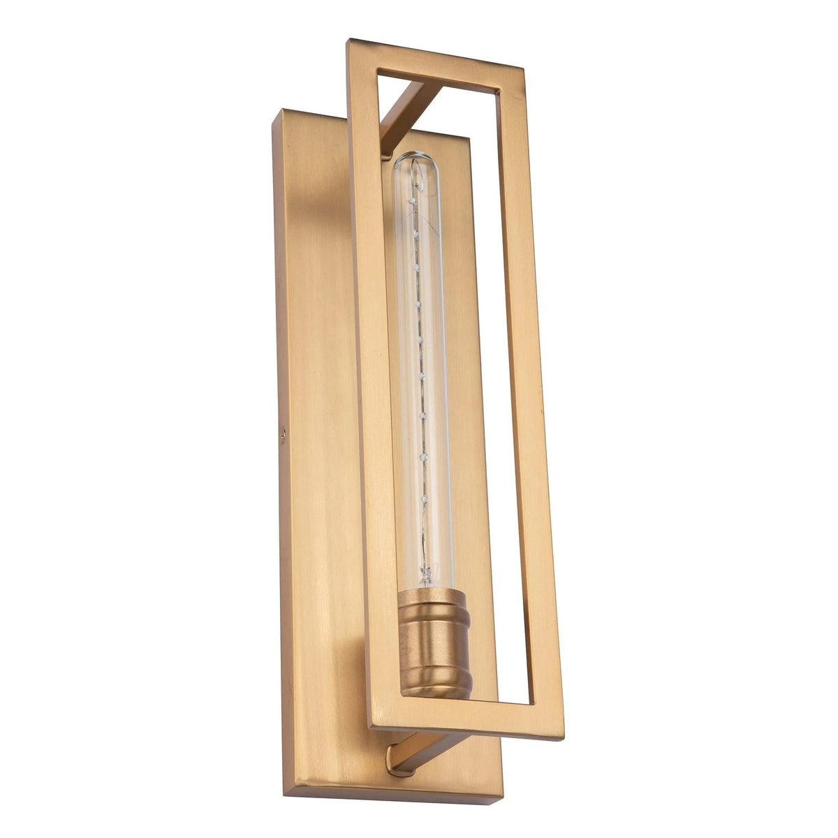 Golden 1-light decorative wall sconce with rectangular frame and clear tubular glass bulb