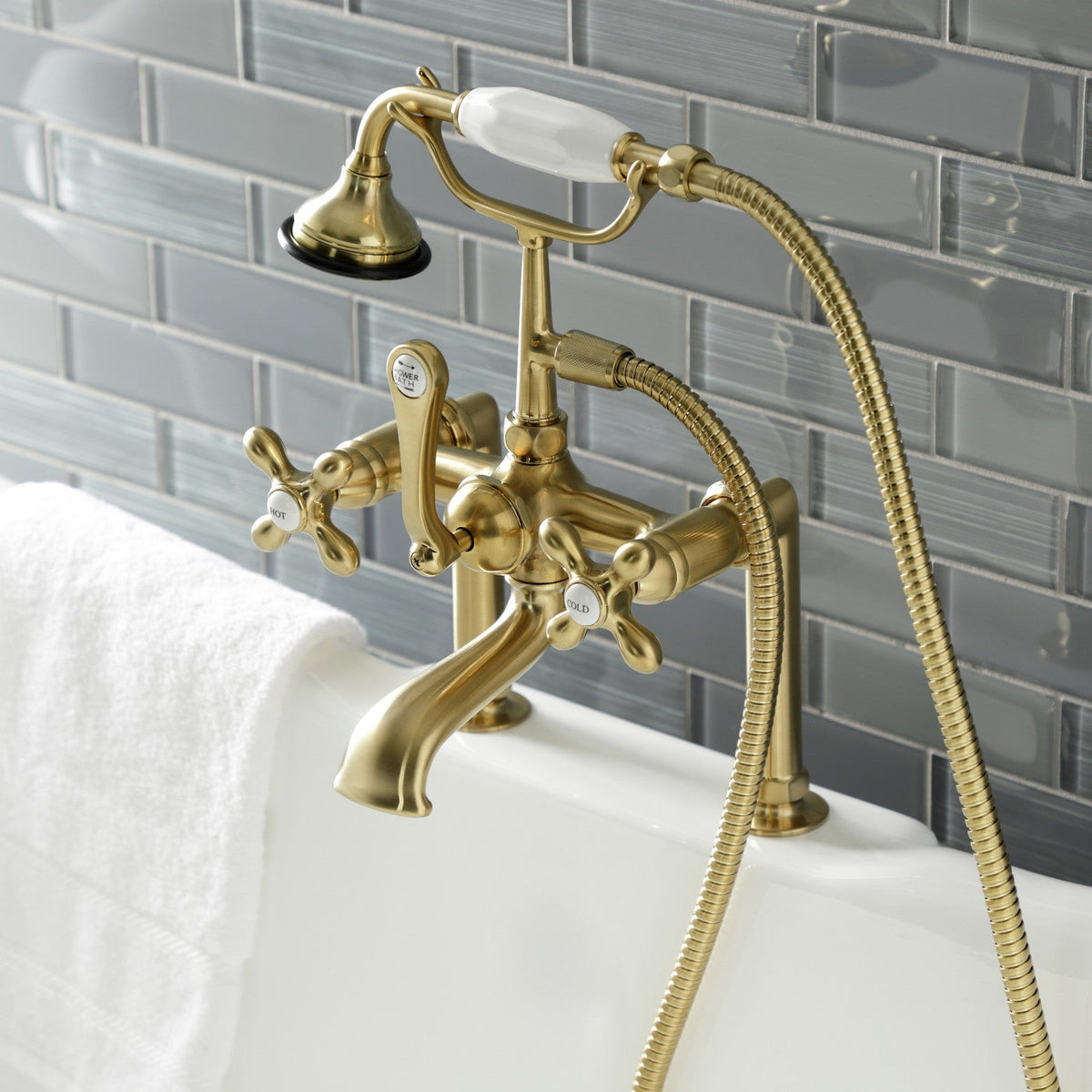 Aqua Vintage 7" Center Deck-Mount Clawfoot Tub Faucet with Hand Shower in Brushed Brass