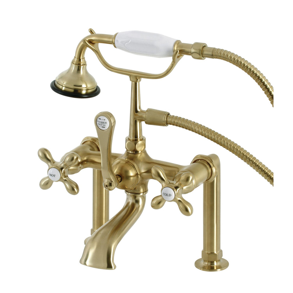 Aqua Vintage 7" Center Deck-Mount Clawfoot Tub Faucet with Hand Shower in Brushed Brass