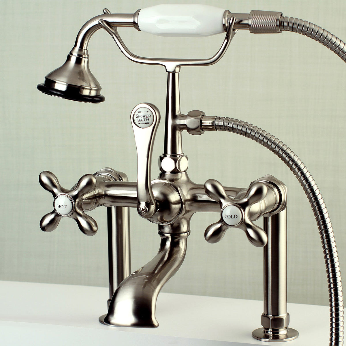 Aqua Vintage 7" Center Deck-Mount Clawfoot Tub Faucet with Hand Shower in Brushed Nickel