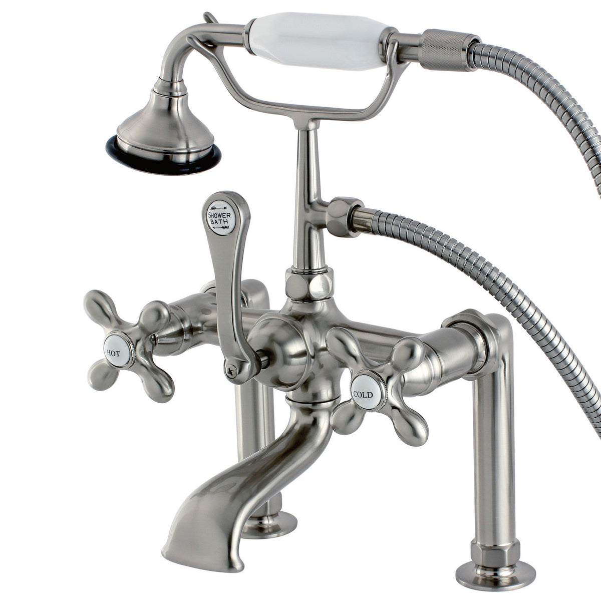 Aqua Vintage 7" Center Deck-Mount Clawfoot Tub Faucet with Hand Shower in Brushed Nickel