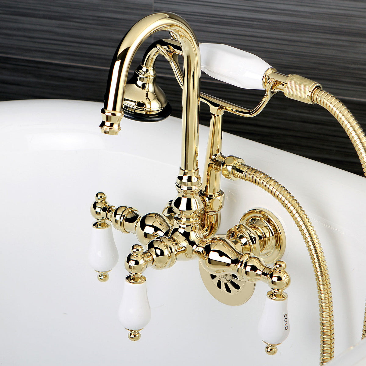 Aqua Vintage Wall Mount Clawfoot Tub Faucet in Polished Brass