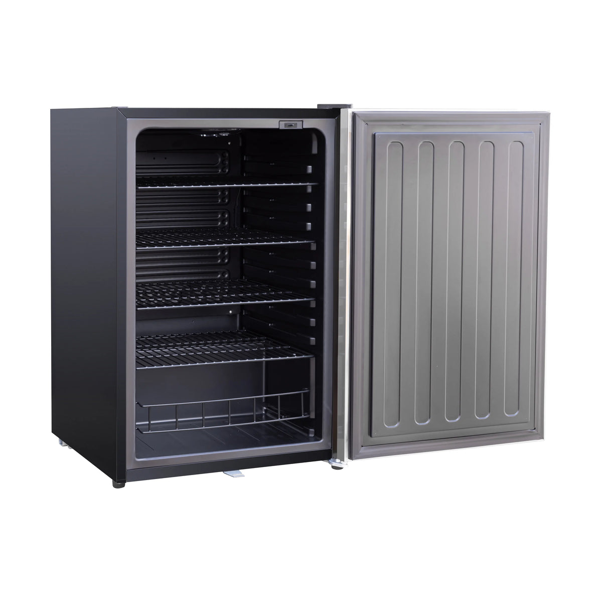 TrueFlame outdoor refrigerator open door with wire racks and bottom storage area