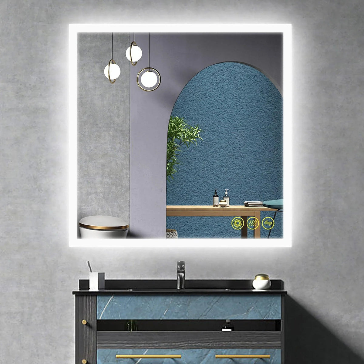 Frameless bathroom vanity mirror with bright white LED light border and anti-fog design