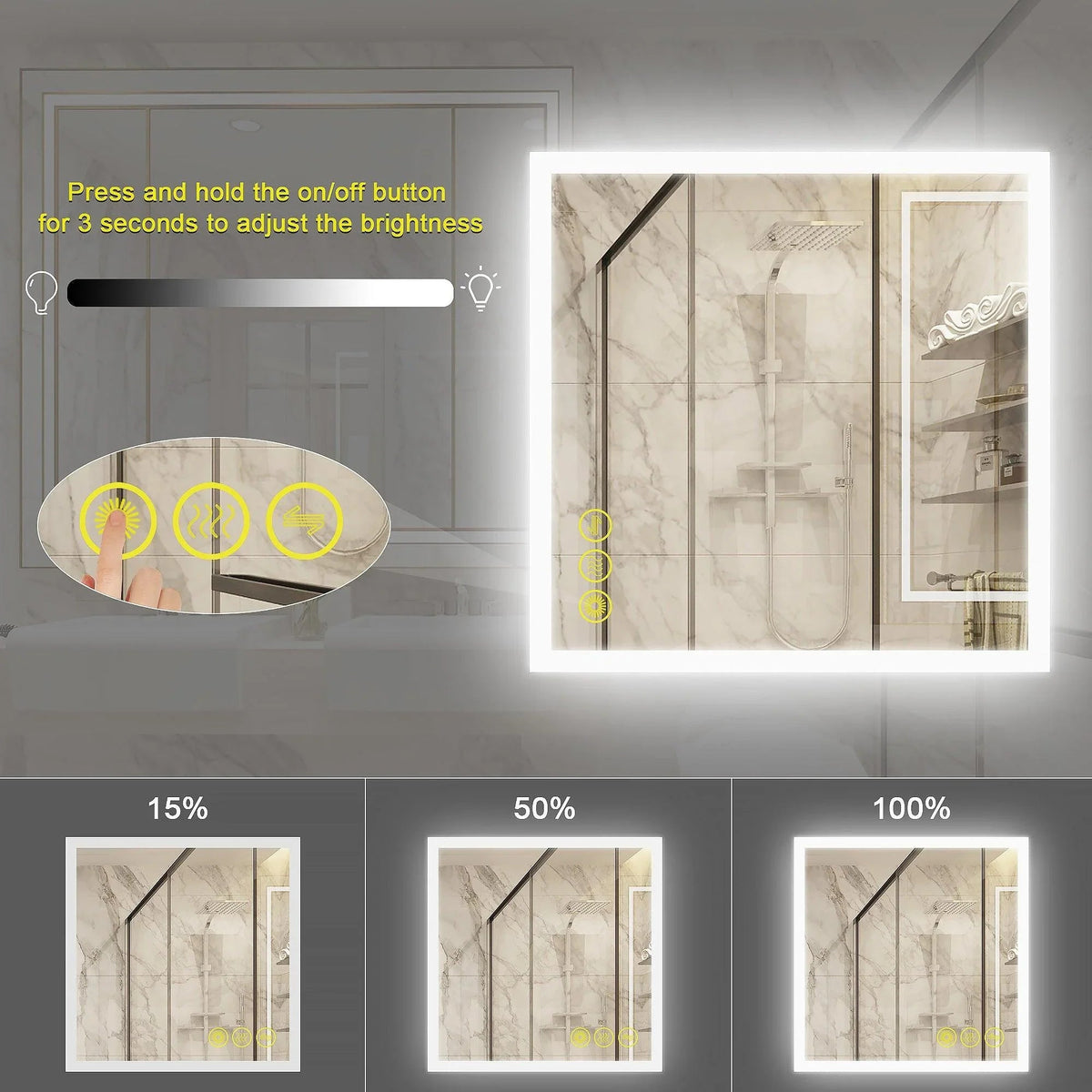 Frameless LED anti-fog mirror panel with brightness control icons on the corner