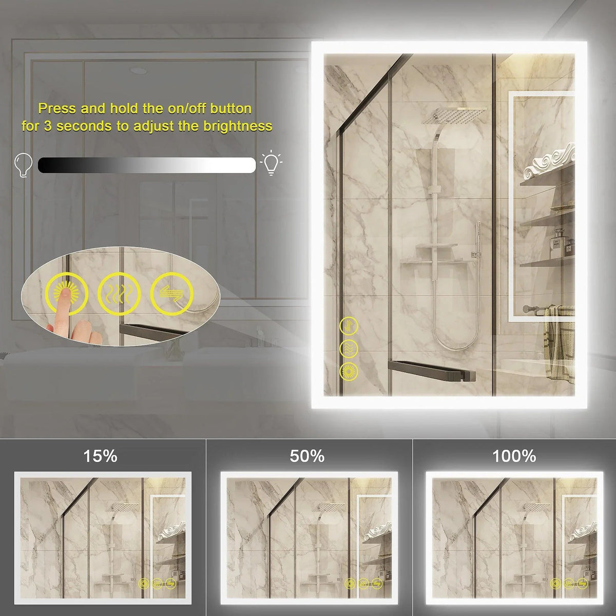 Frameless LED anti-fog mirror with brightness slider graphic and corner control icons