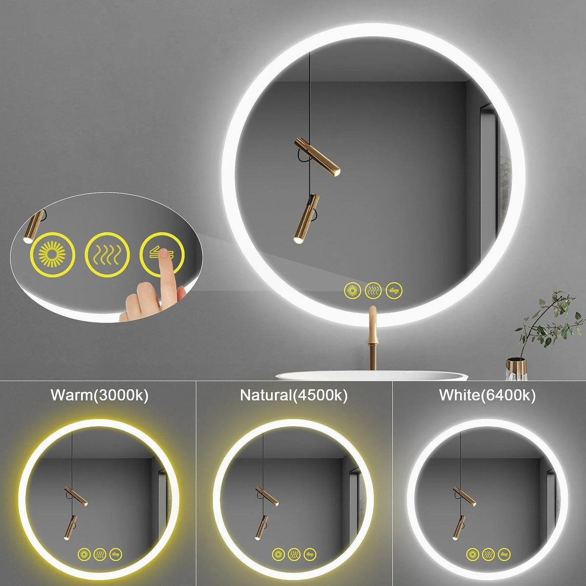 Round LED bathroom vanity mirror showing touch dimmer and selectable light settings