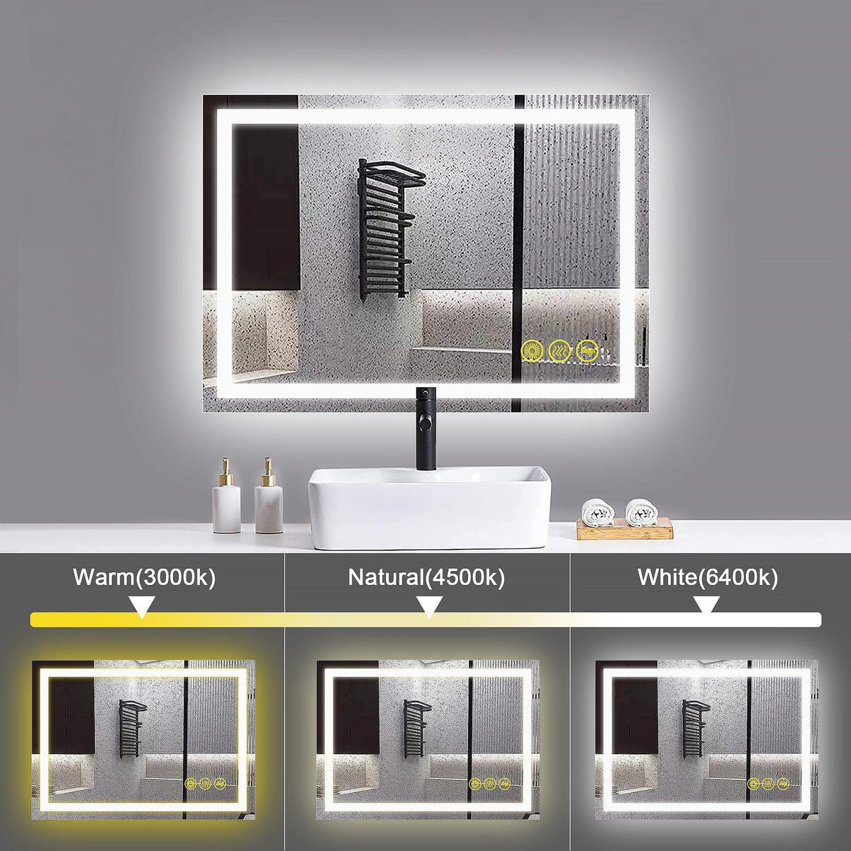 Backlit rectangular bathroom mirror with anti-fog glass and white LED frame outline