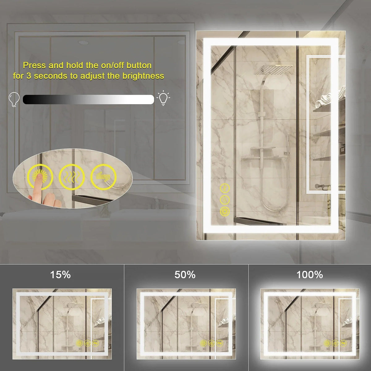 Backlit bathroom mirror with touch brightness controls and frosted shower reflection