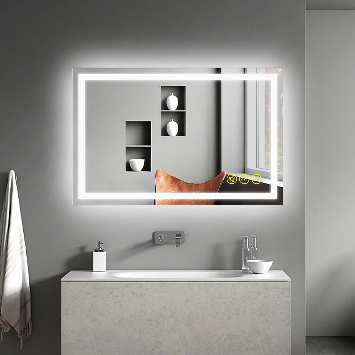 Backlit bathroom mirror with white LED frame and touch control icons near the bottom