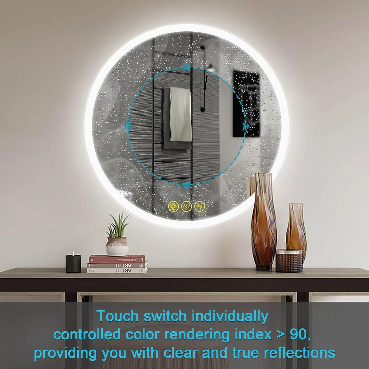 Round LED bathroom vanity mirror with anti-fog glass effect shown in detail
