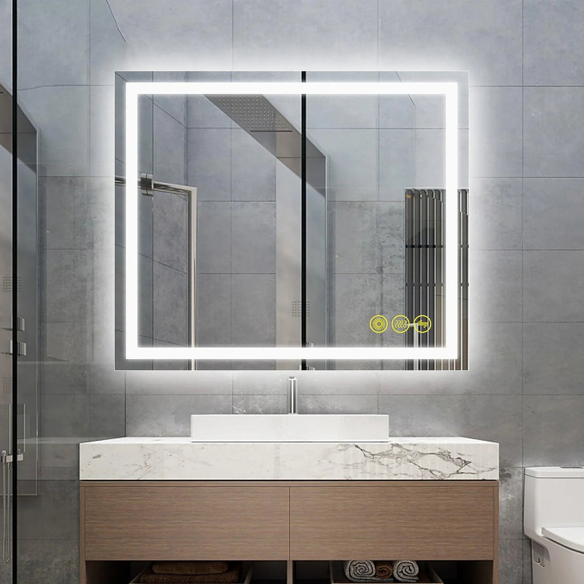 Backlit rectangular bathroom mirror with white LED frame and clear reflection of tile