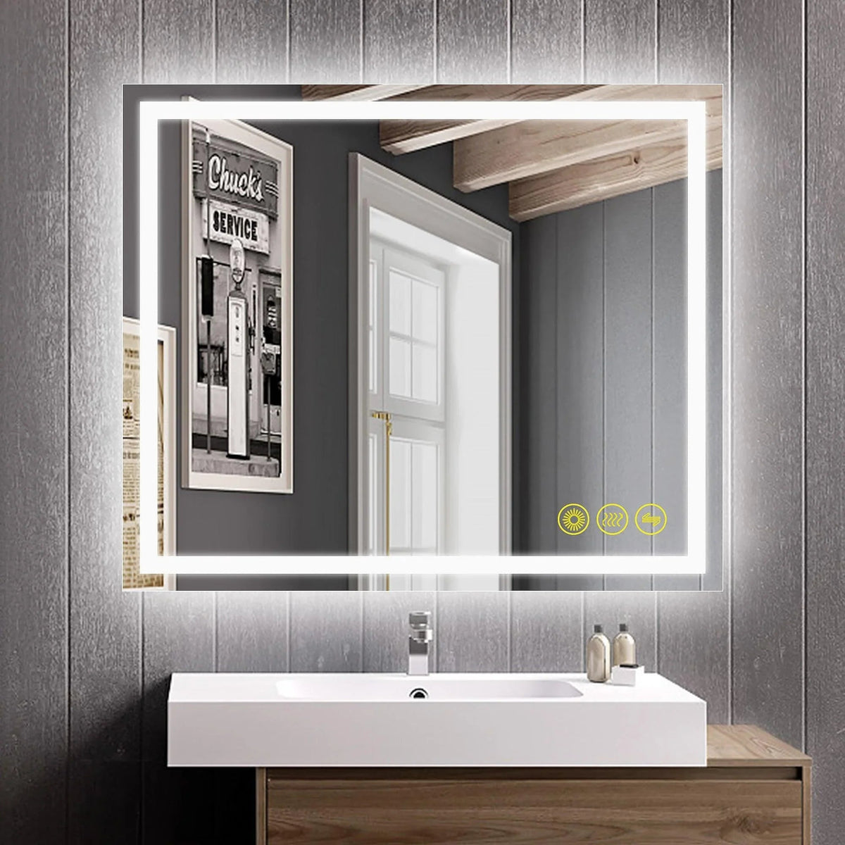 Backlit rectangular bathroom mirror with white LED frame and touch control icons
