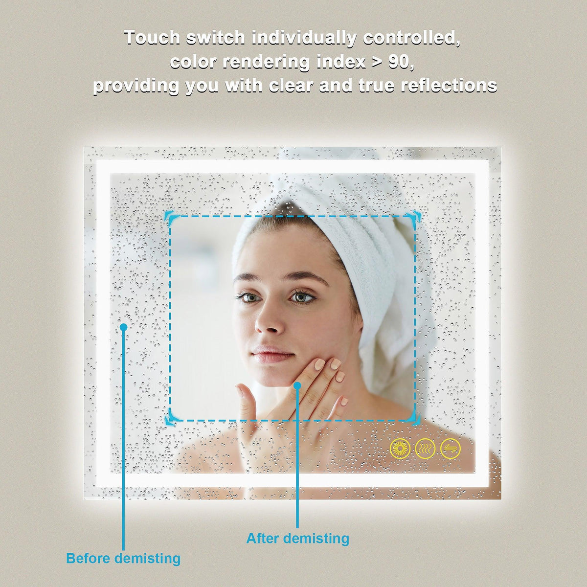 Anti-fog bathroom LED mirror with touch control and clear reflection detail