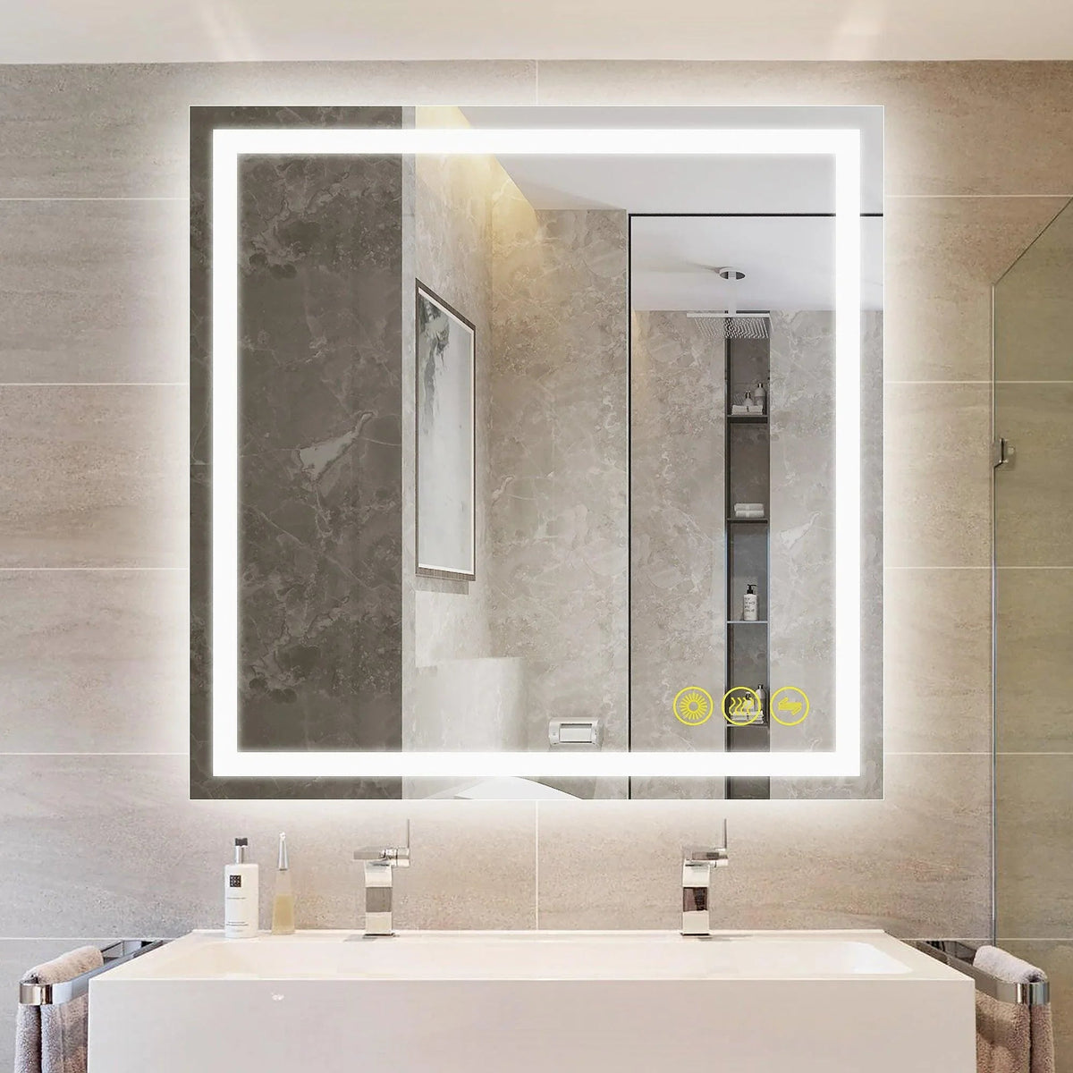 Backlit square bathroom LED mirror with white light border and wall reflection