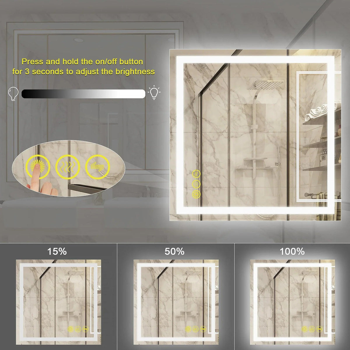 Backlit bathroom LED mirror with adjustable dimming percentages and anti-fog display
