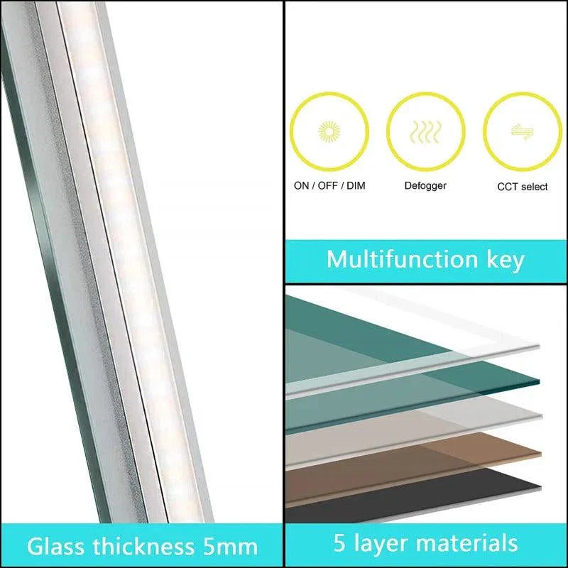 Backlit mirror with touch icons for on/off, defogger, and CCT selection.
