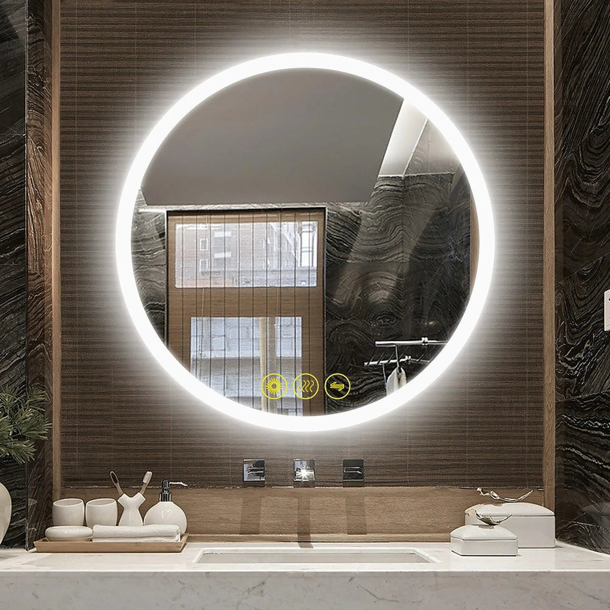 Round frameless LED vanity mirror with luminous ring and dimmable light icons