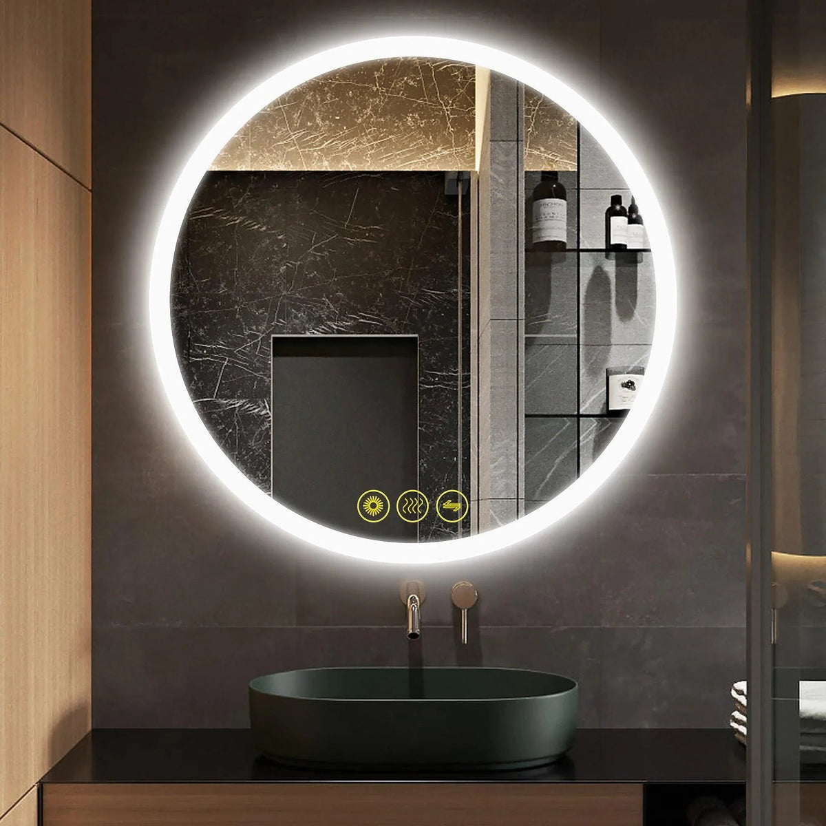 Round LED bathroom mirror, frameless, with glowing ring and touch control icons