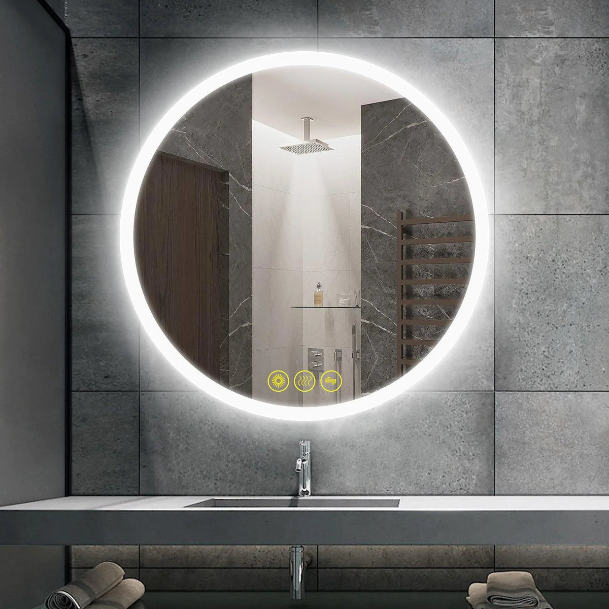 Round LED bathroom vanity mirror with glowing rim reflecting door and bathroom fixtures