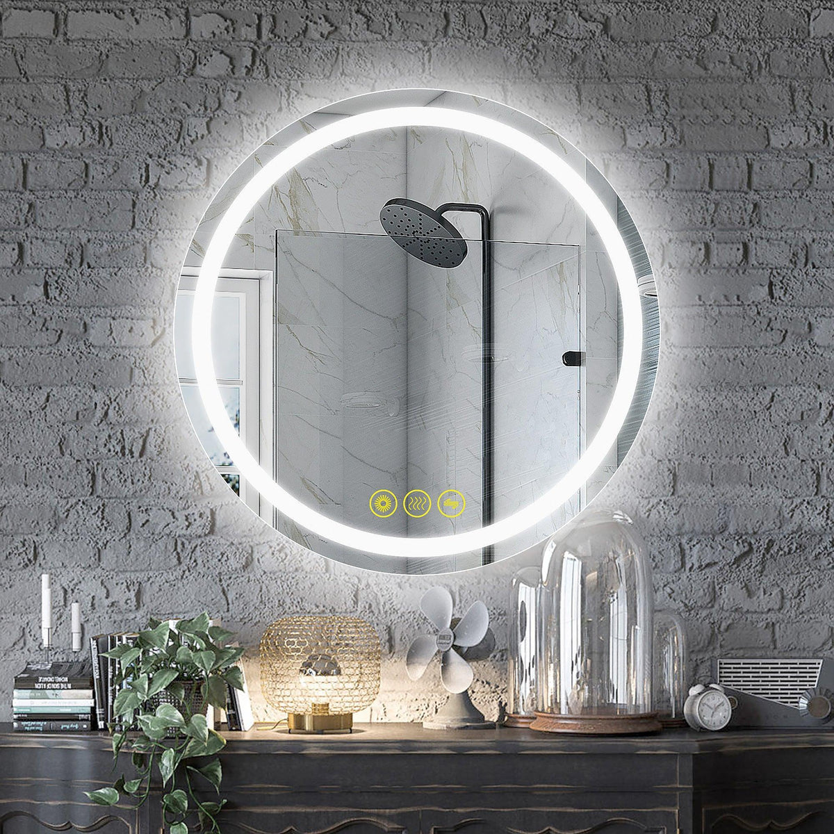 Round LED bathroom mirror with glowing backlit ring and touch control icons