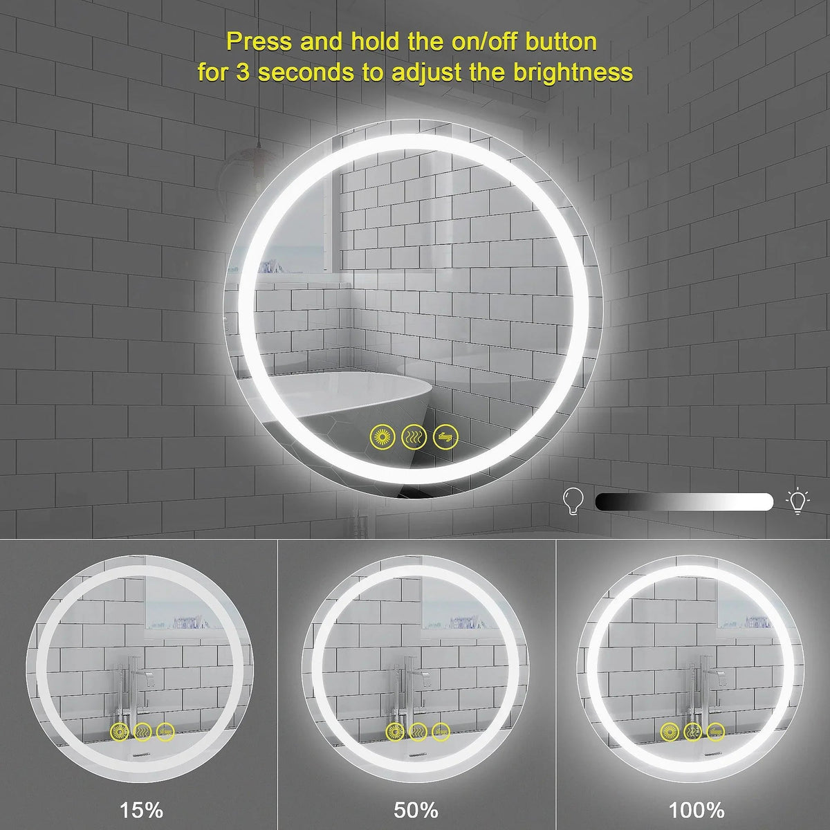 Round LED mirror with backlit ring and brightness adjustment icons at the base