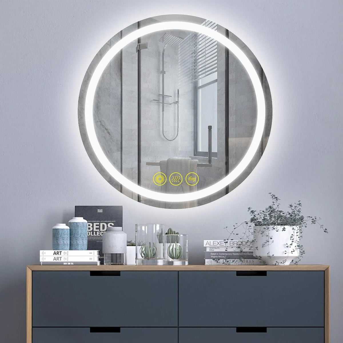 Round LED backlit bathroom vanity mirror reflecting room interior, anti-fog glass