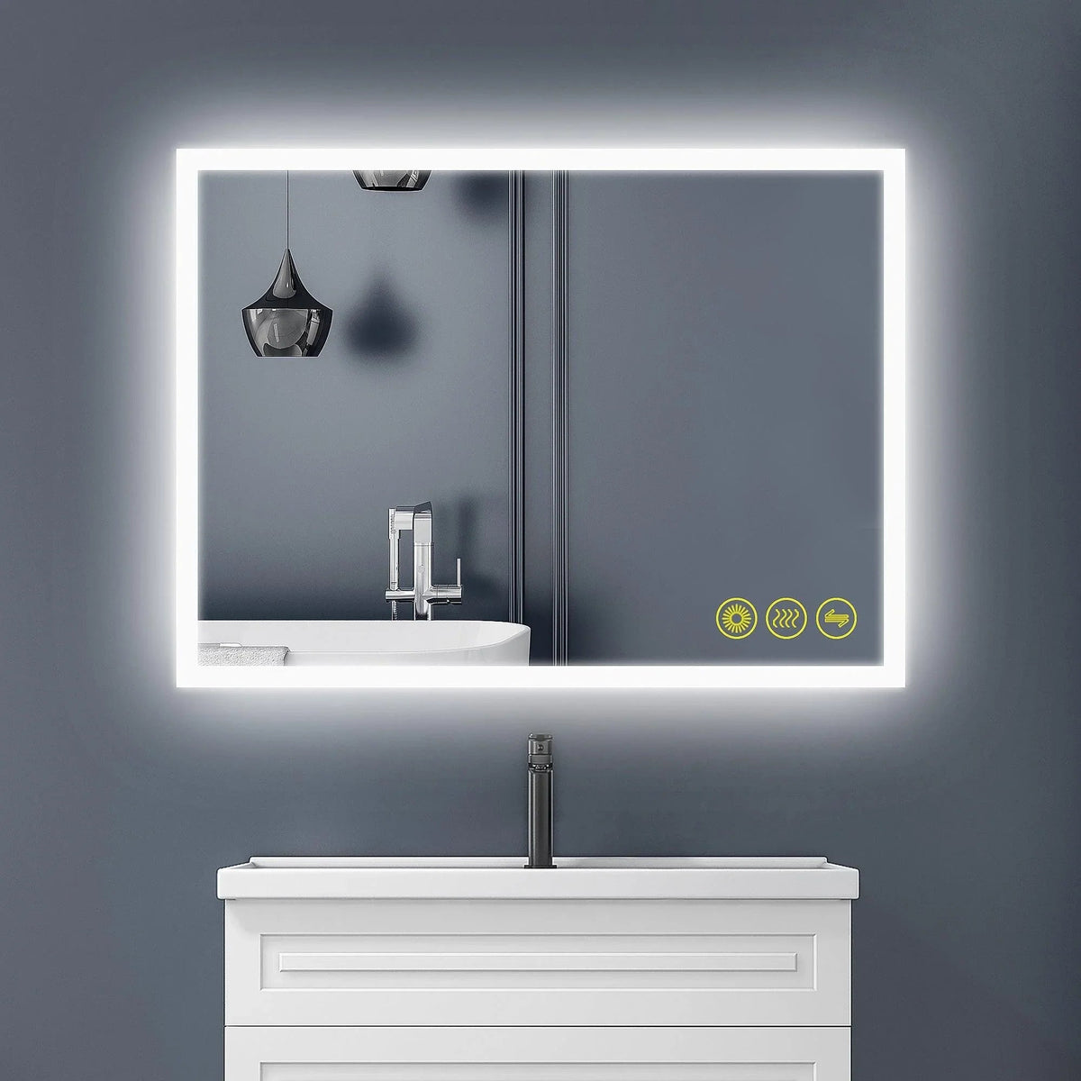 Frameless LED bathroom mirror with white backlit border over white vanity and black faucet