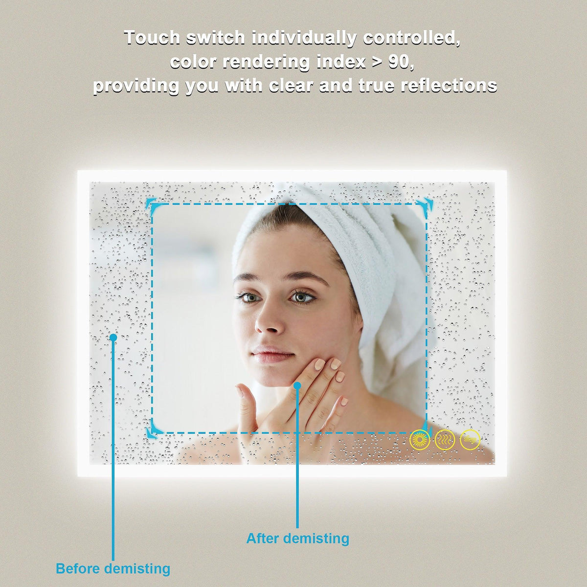 Frameless LED bathroom mirror displaying a clear close-up reflection of a person
