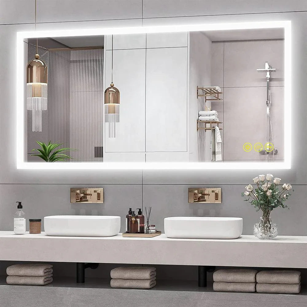 Frameless LED bathroom vanity mirror, wide horizontal rectangle with white illuminated border