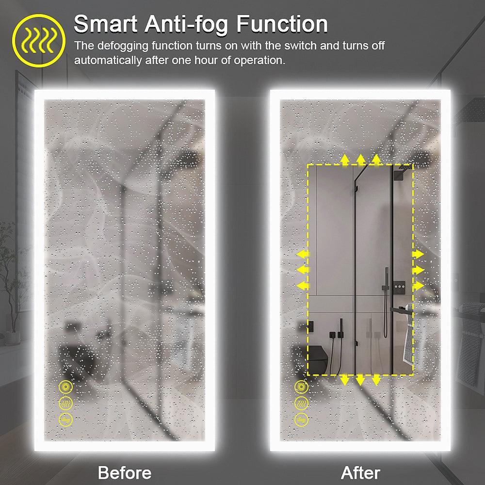 Frameless LED anti-fog bathroom mirror showing before-and-after clarity on the surface