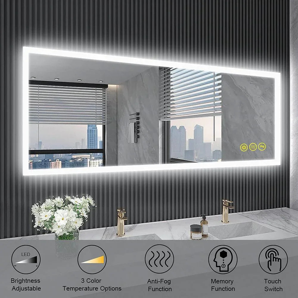 Frameless LED bathroom vanity mirror, wide horizontal with glowing perimeter and anti-fog panel
