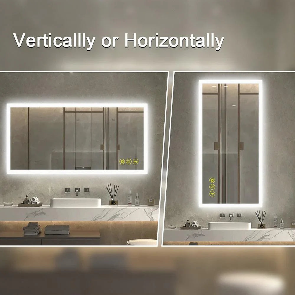 Frameless LED bathroom vanity mirror option set, vertical and horizontal illuminated frames