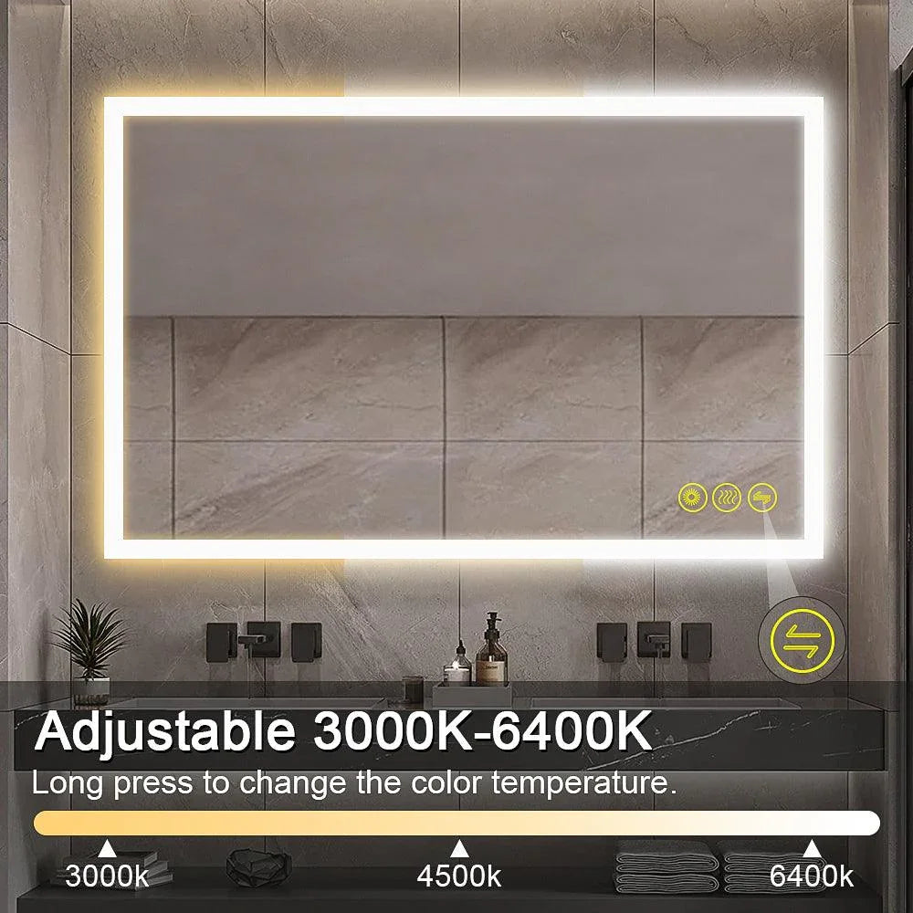 Frameless bathroom vanity mirror with warm white LED border and adjustable color temperature