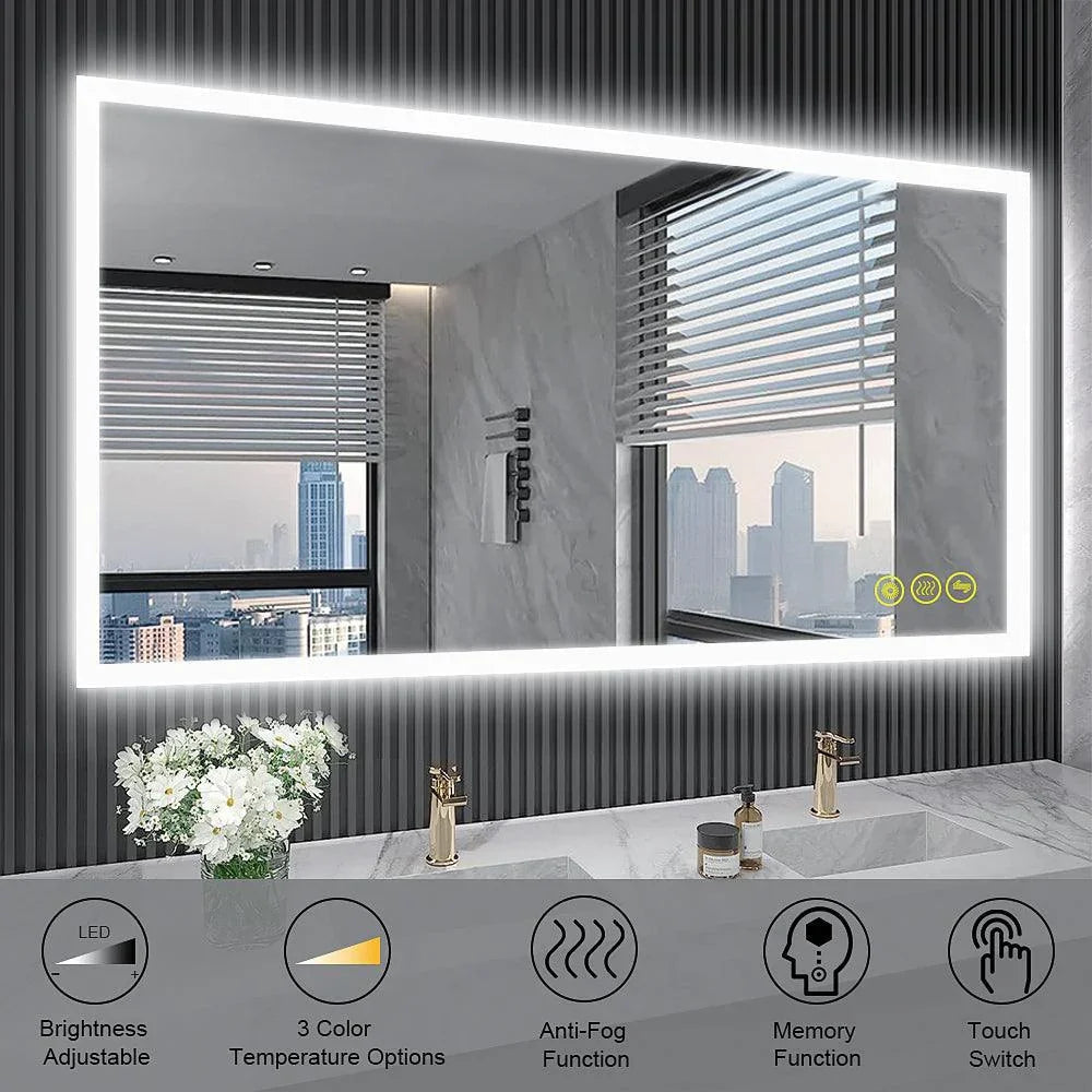 Frameless bathroom vanity mirror with bright white LED border and feature icons