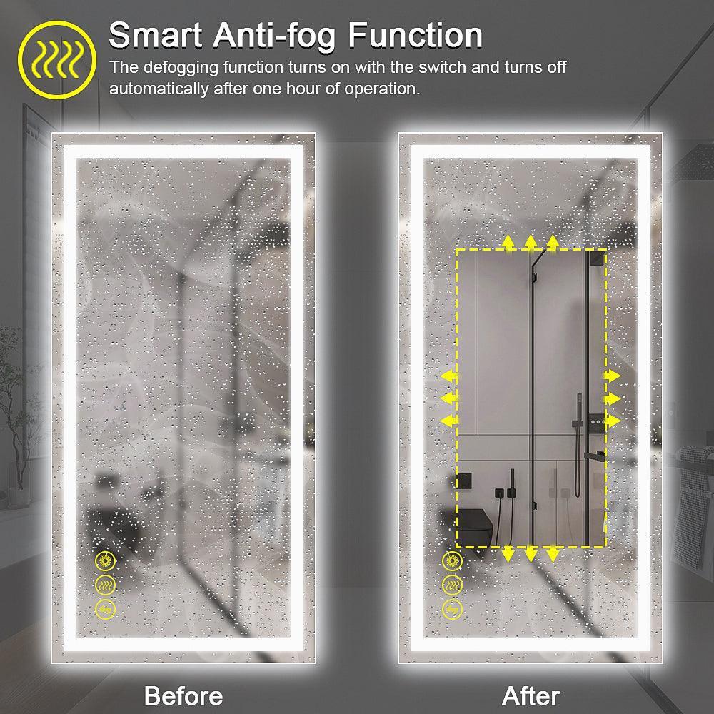 Rectangular LED bathroom mirror with anti-fog demonstration, glowing white frame