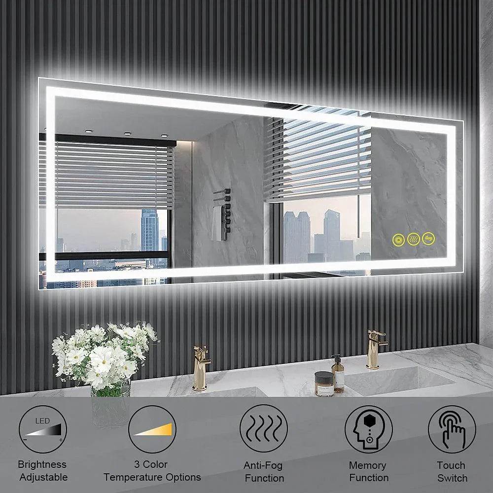 Rectangular LED bathroom vanity mirror with clear glass panel and bright backlit outline