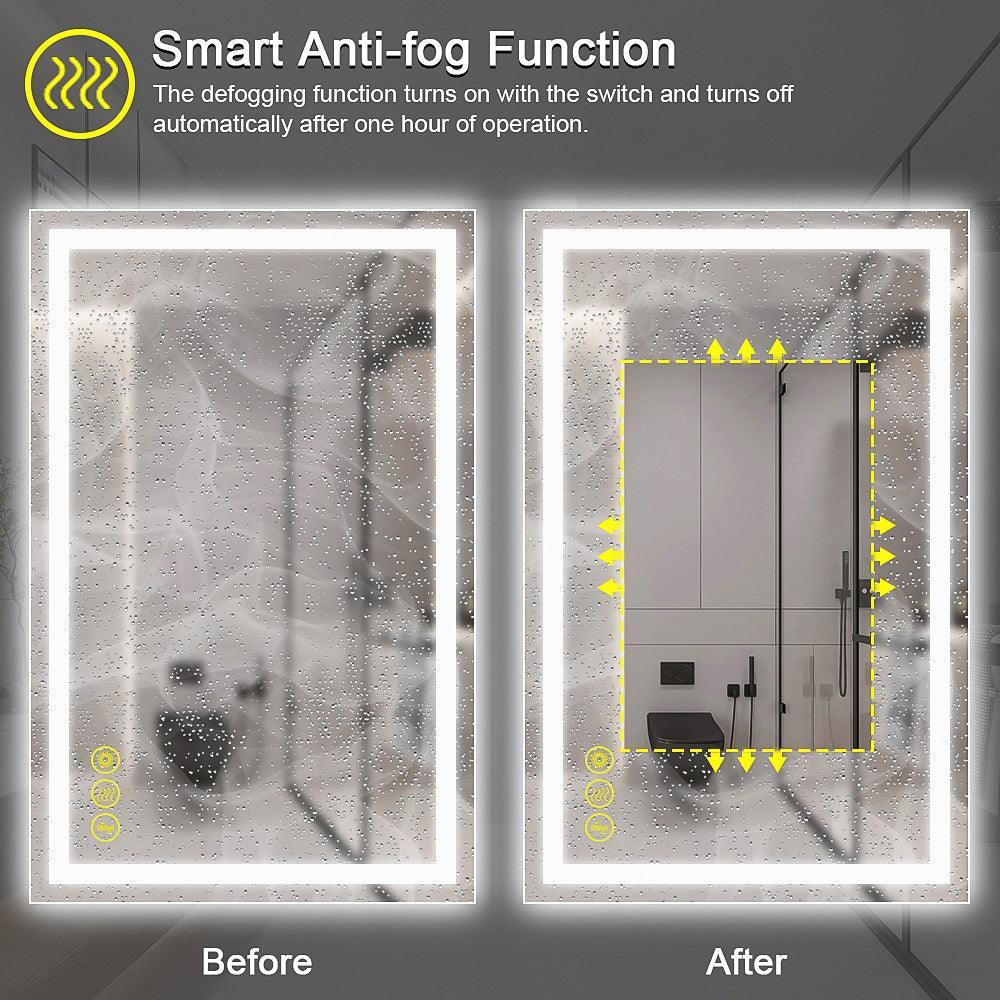 Rectangular LED bathroom vanity mirror with backlit frame, shown anti-fog before/after