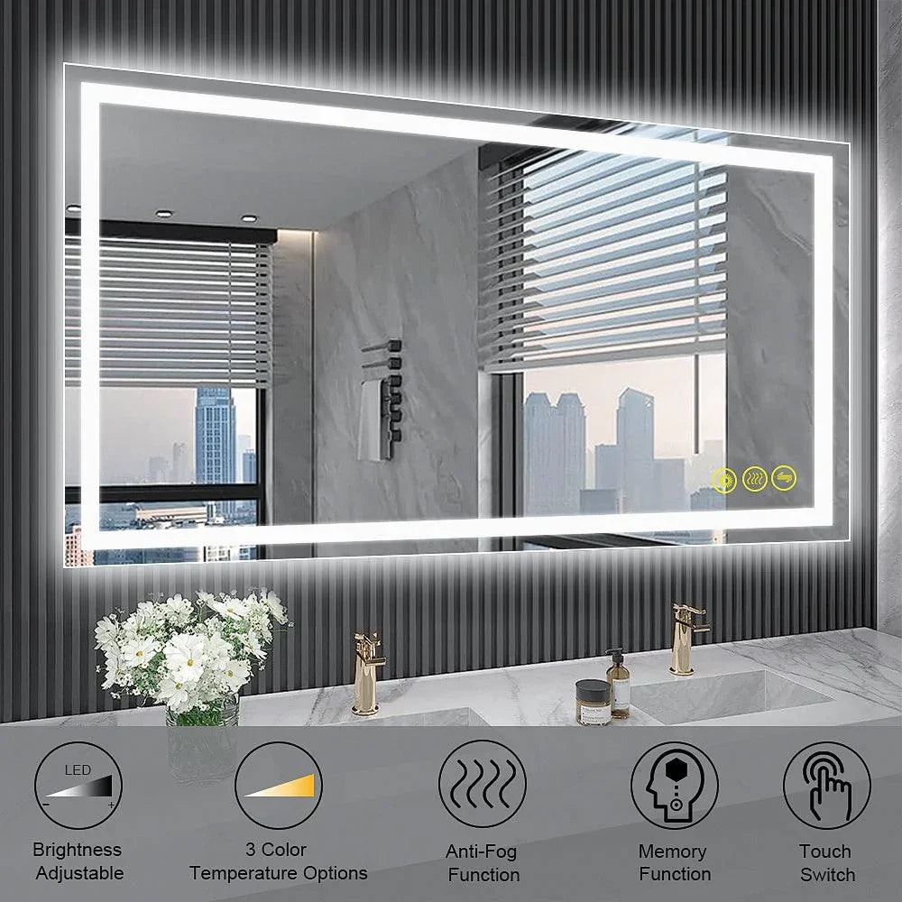 Rectangular LED backlit bathroom mirror with slim glowing frame and anti-fog icons