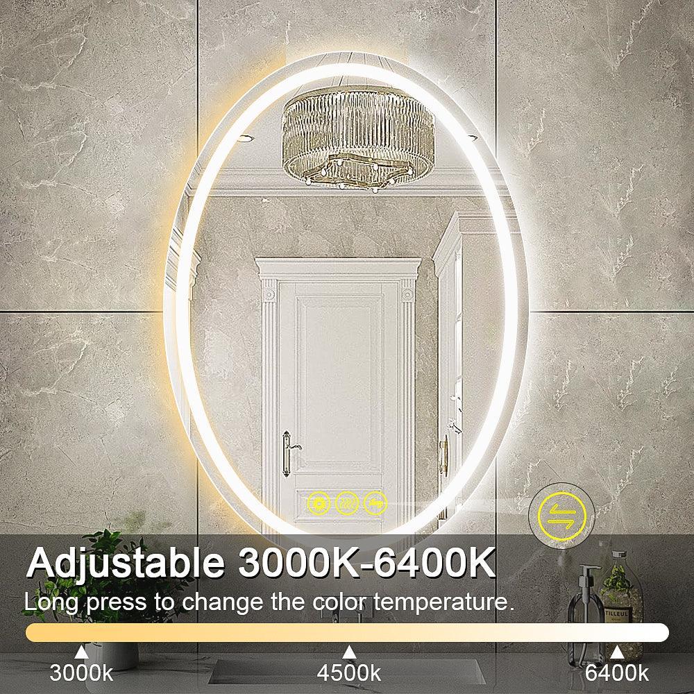 Oval LED mirror showing adjustable color temperature bar from 3000K to 6400K