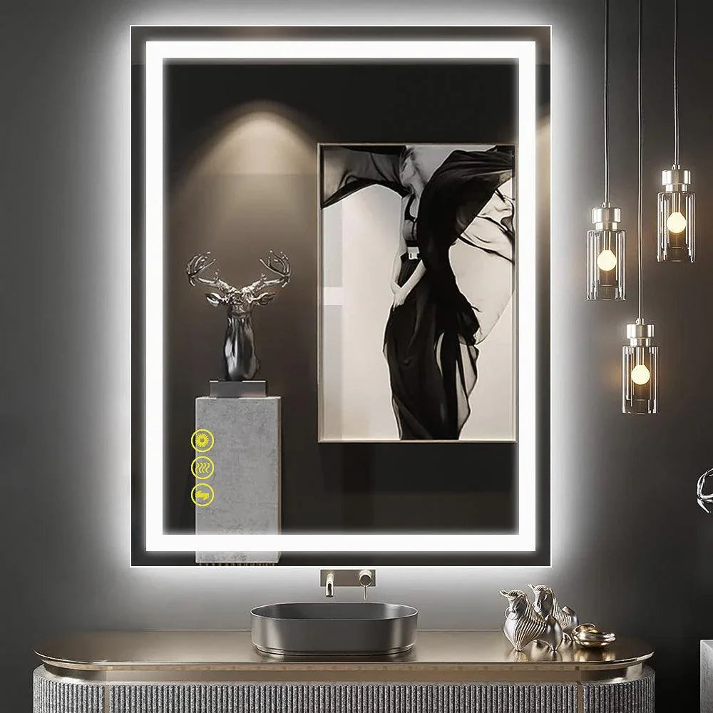 Rectangular LED backlit bathroom mirror with white light frame
